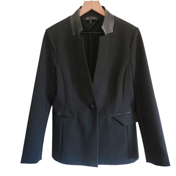 St. John Leather Trim Collared Black Blazer Single Breasted Blazer Sz. 6 - Picture 3 of 15